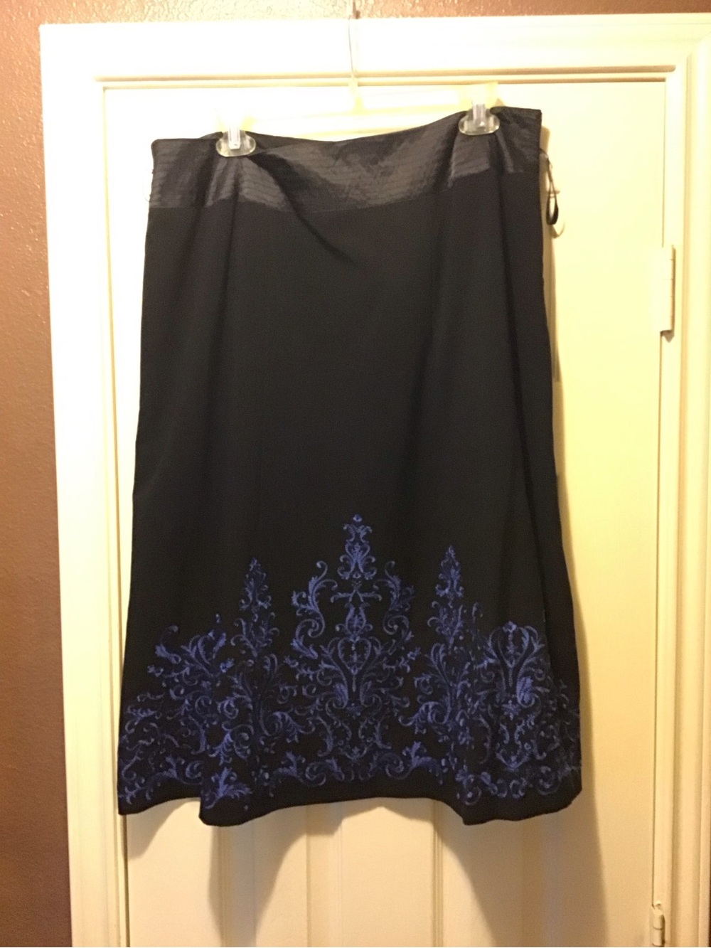SilkLand Black A-Line Skirt with Blue Embroidered Border